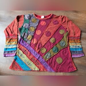 Greater Good Network Long Sleeve Boho Hippie Patchwork Nepal Tunic Shirt Sz XXL